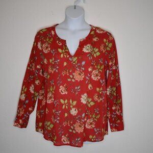 Pendleton Sz XL Red Floral 100% Cotton Roll Tab Sleeve Blouse Top Cottagecore
